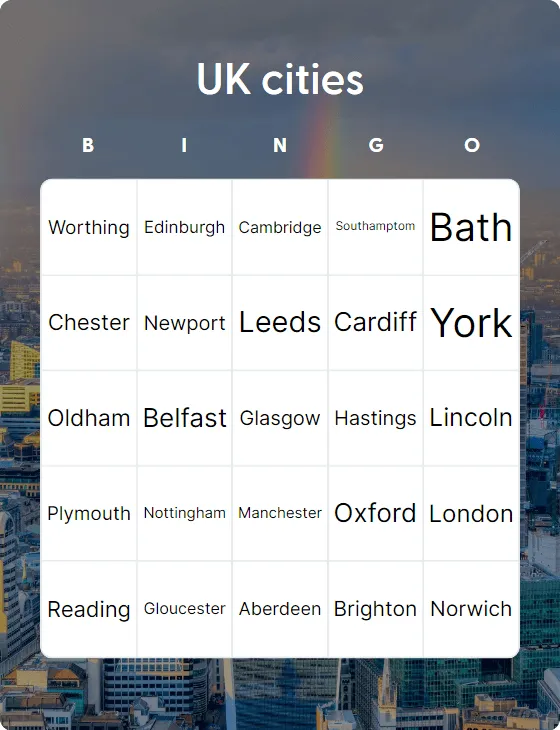 UK cities bingo