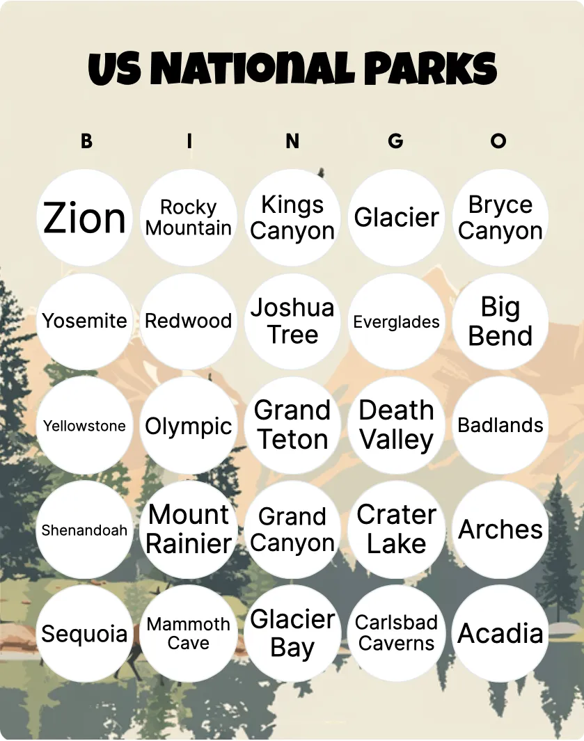 US National Parks bingo card template