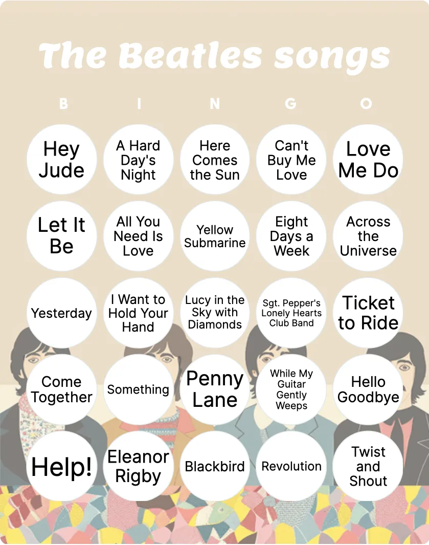 The Beatles songs bingo card template