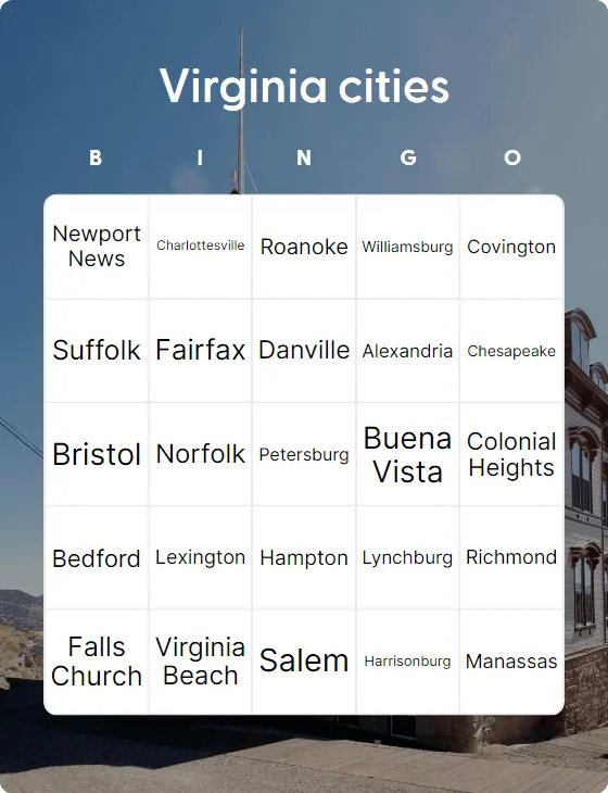 Virginia cities bingo
