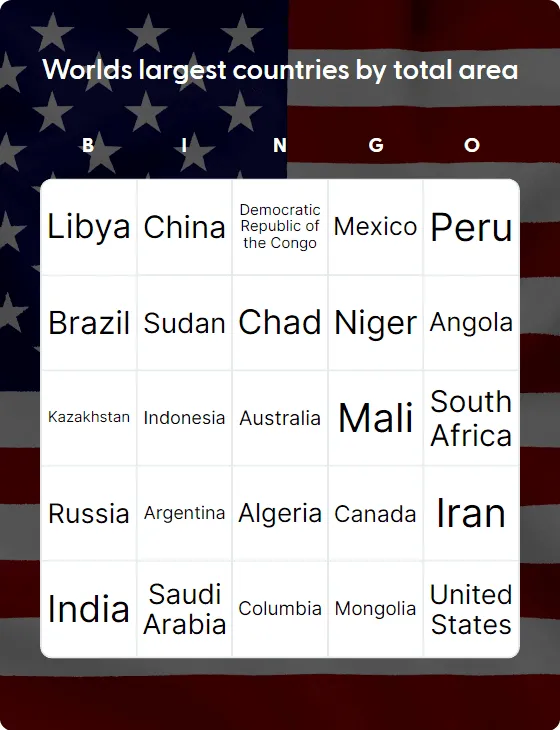 Worlds largest countries by total area bingo card template