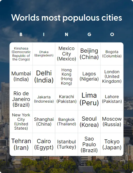 Worlds most populous cities bingo