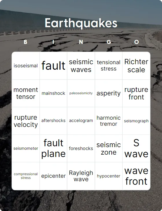 Earthquakes bingo