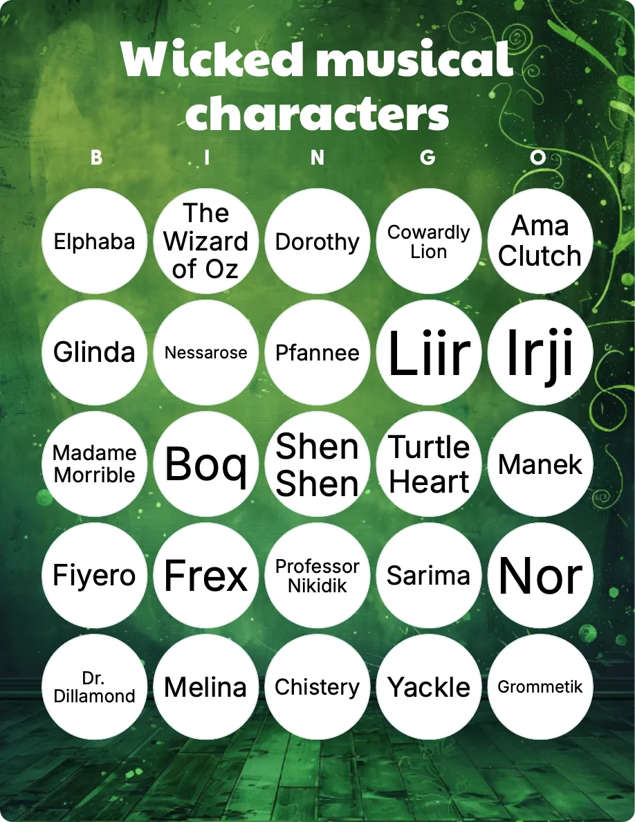 Wicked musical characters bingo card template