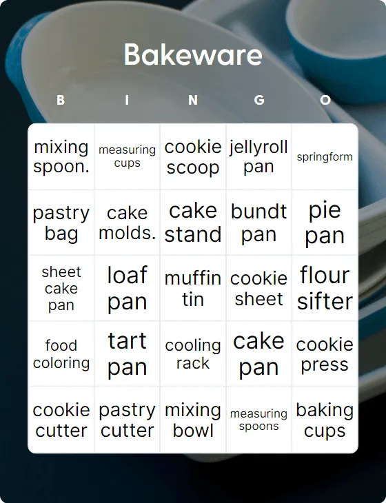 Bakeware bingo card template