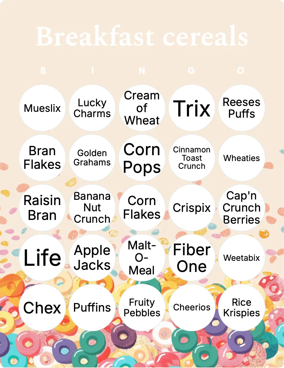 Breakfast cereals bingo