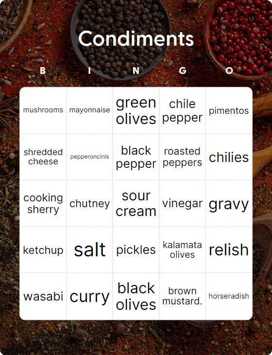 Condiments bingo