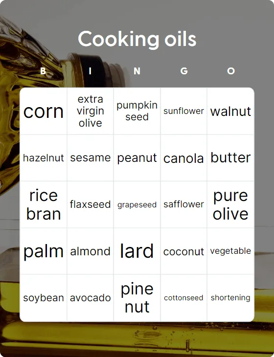 Cooking oils bingo card template