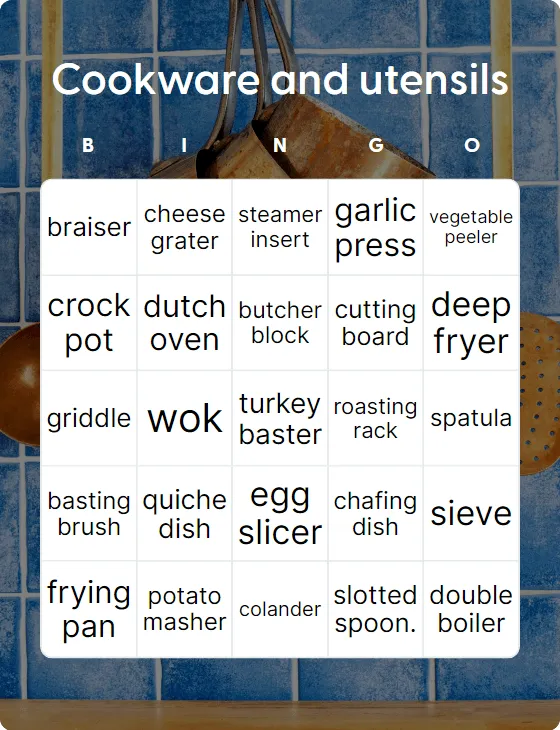 Cookware and utensils bingo