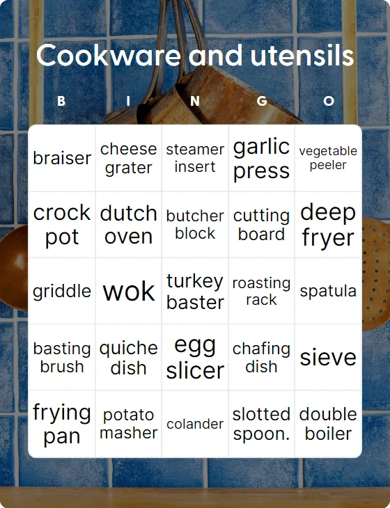 Cookware and utensils bingo card template