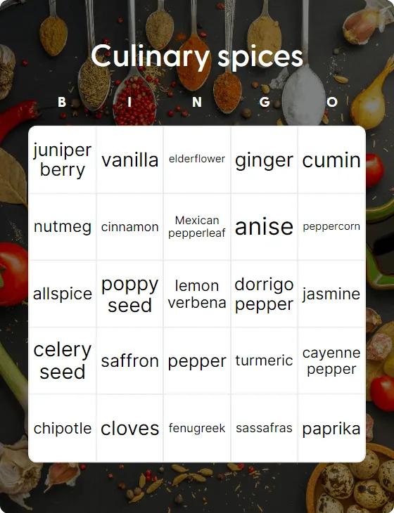 Culinary spices bingo