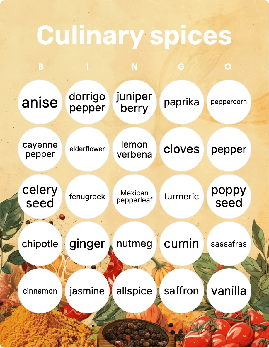 Culinary spices bingo