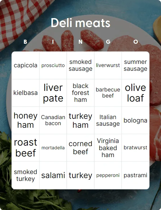 Deli meats bingo card template