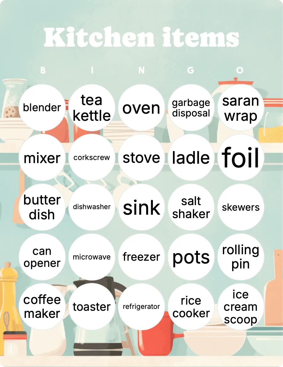 Kitchen items bingo card template