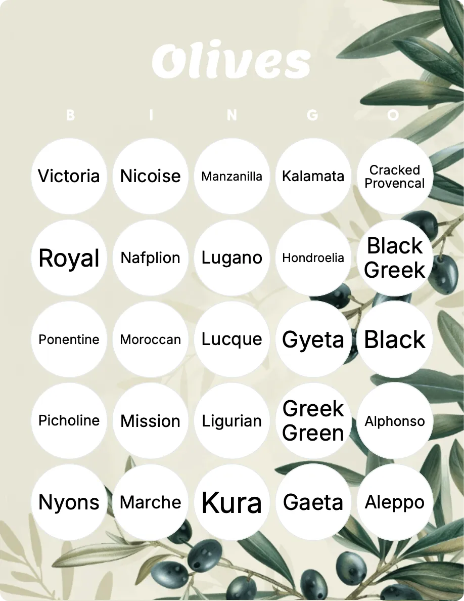 Olives bingo card template