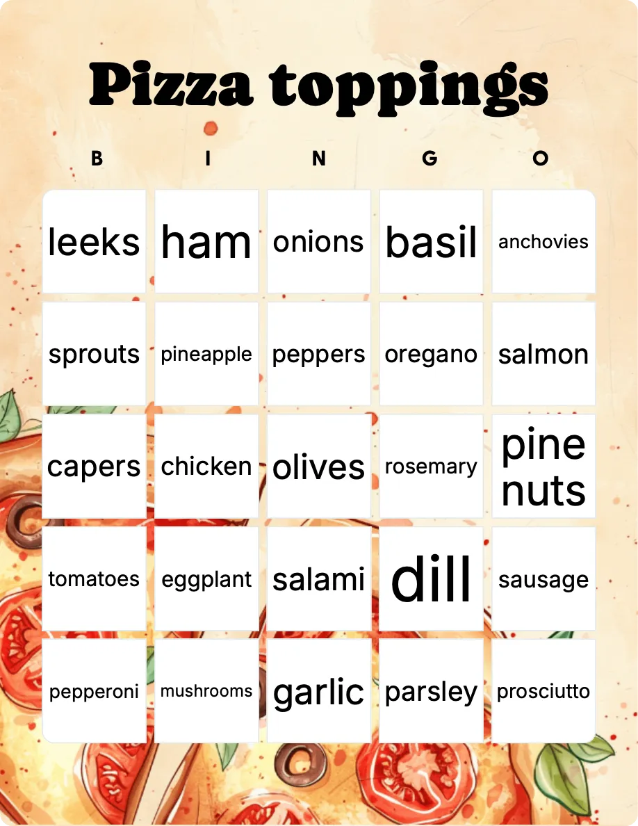 Pizza toppings bingo card template