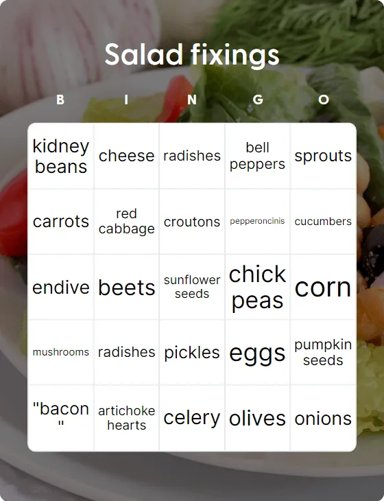 Salad fixings bingo