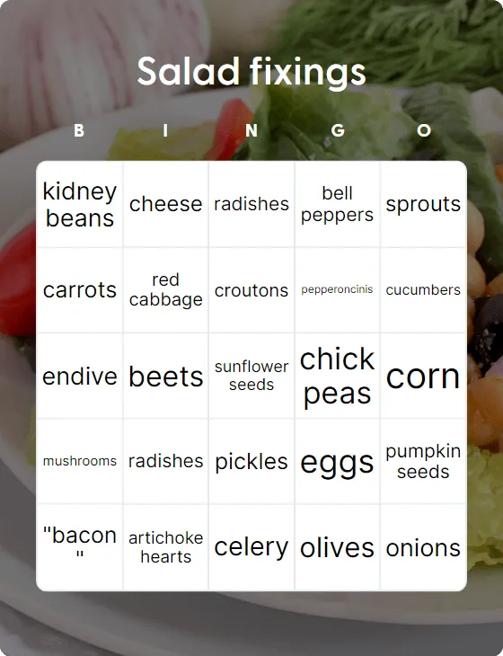 Salad fixings bingo card template