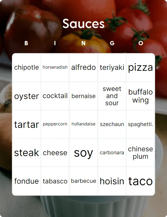 Sauces bingo card template