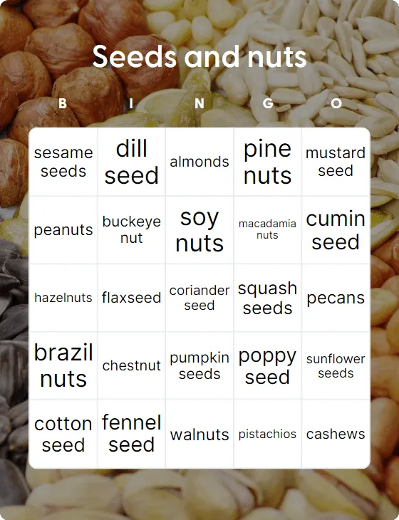 Seeds and nuts bingo