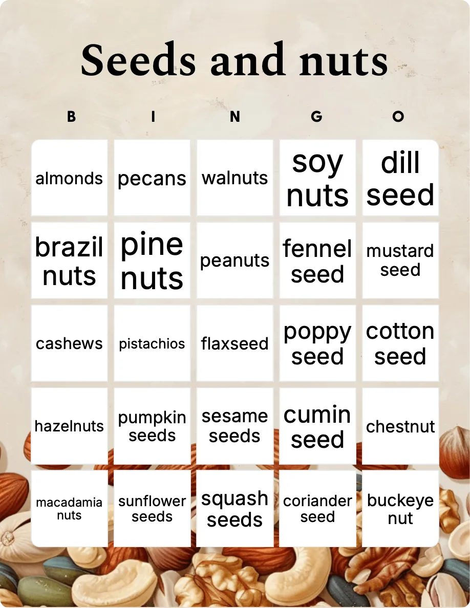 Seeds and nuts bingo