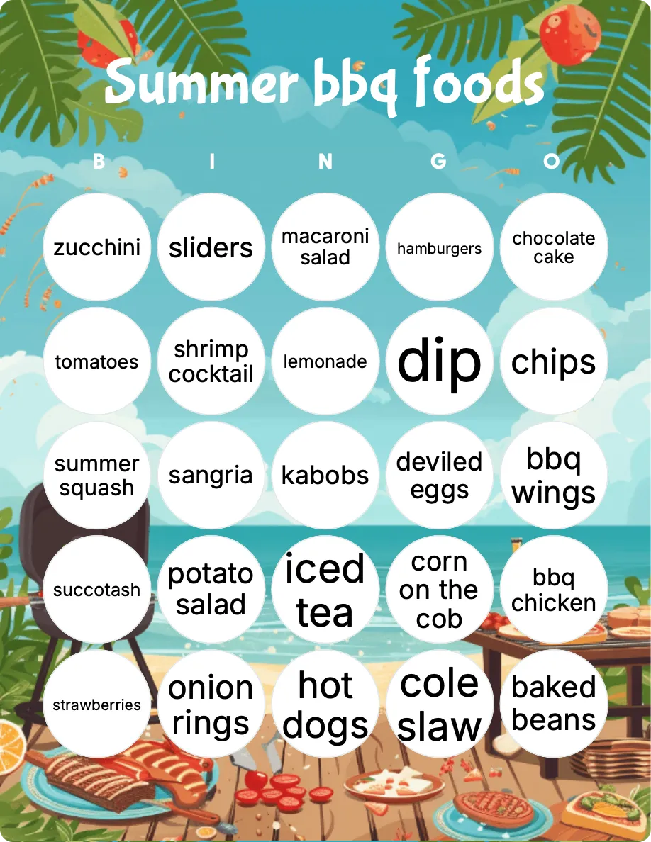 Summer bbq foods bingo card template Summer bbq foods bingo card template