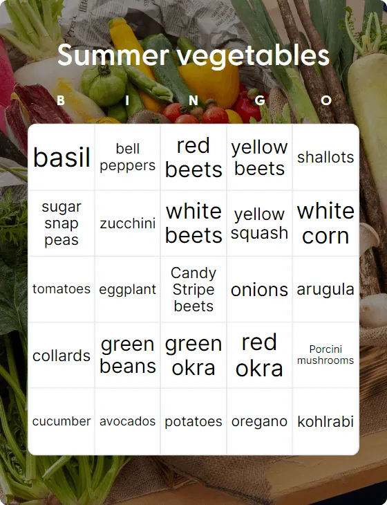 Summer vegetables bingo