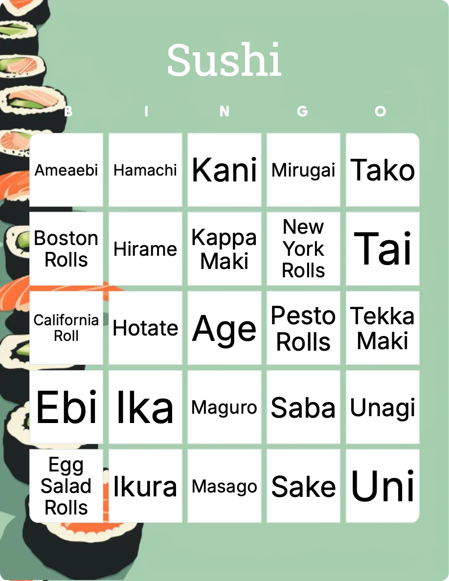 Sushi bingo card template