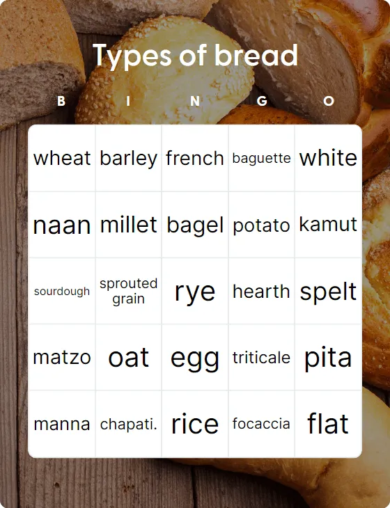 Types of bread bingo