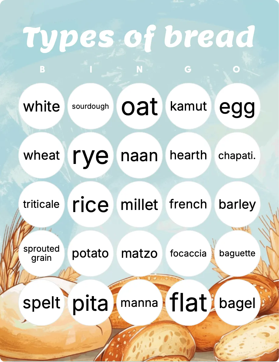 Types of bread bingo