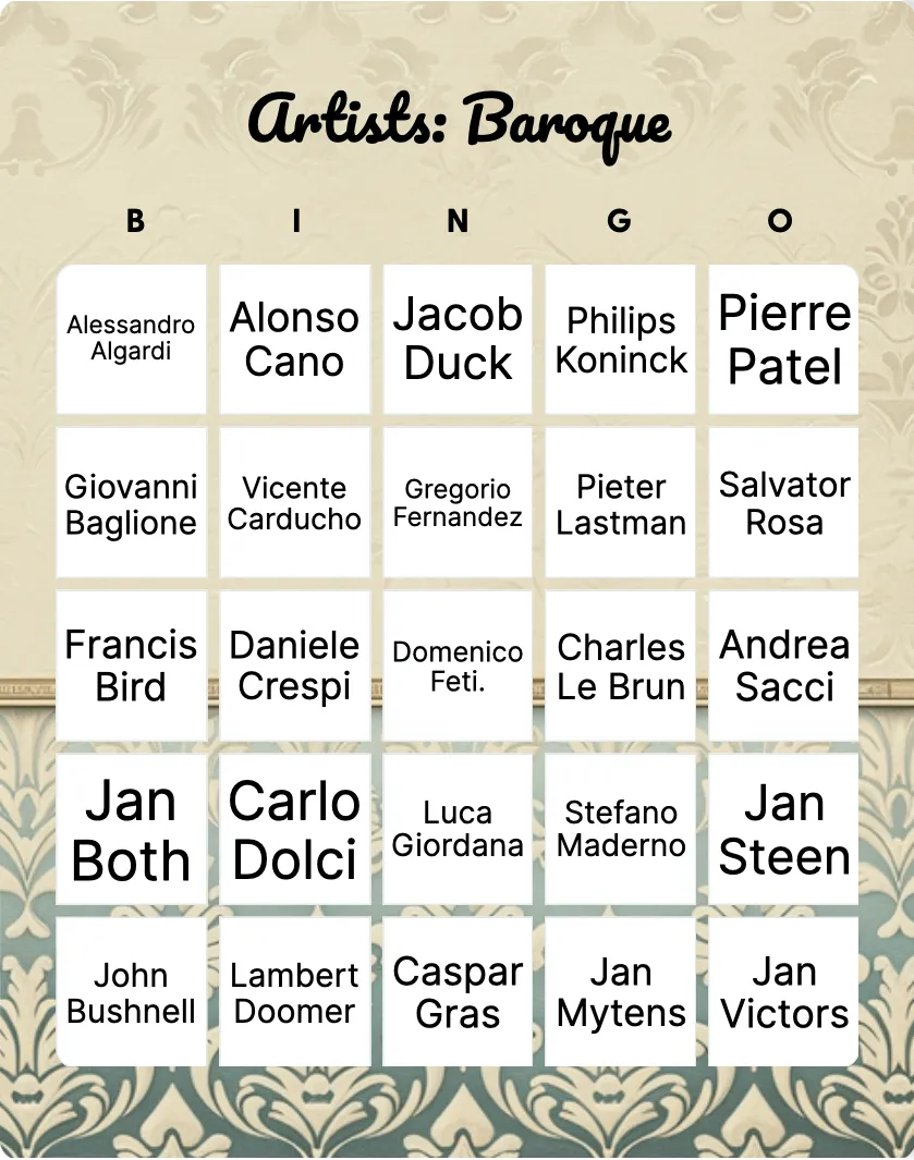 Artists: Baroque bingo card template