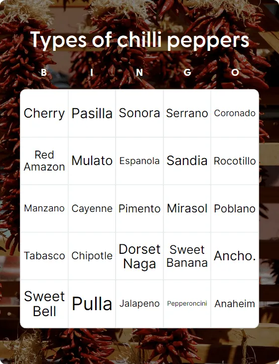Types of chilli peppers bingo