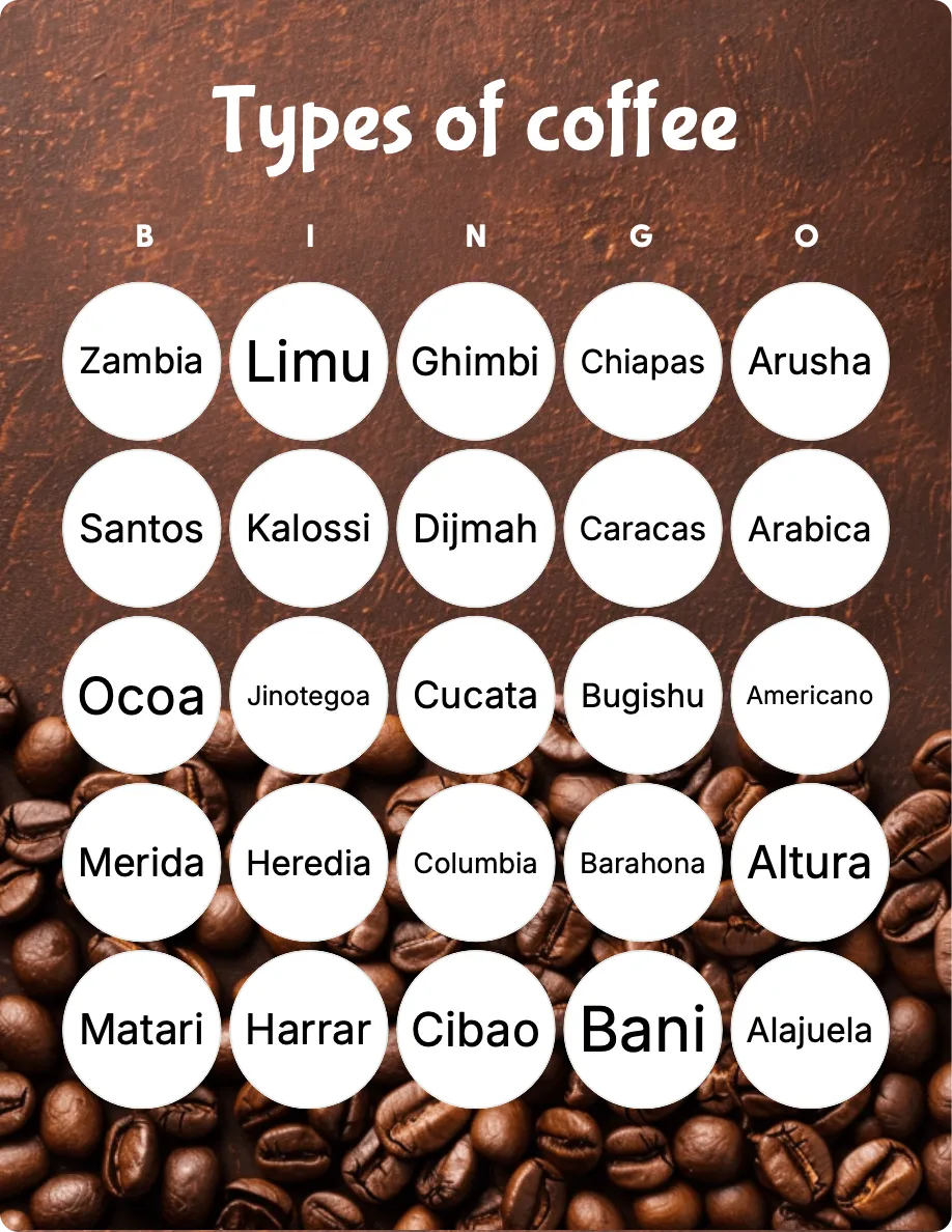 Types of coffee bingo