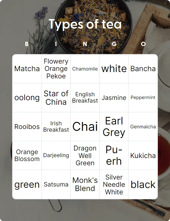 Types of tea bingo