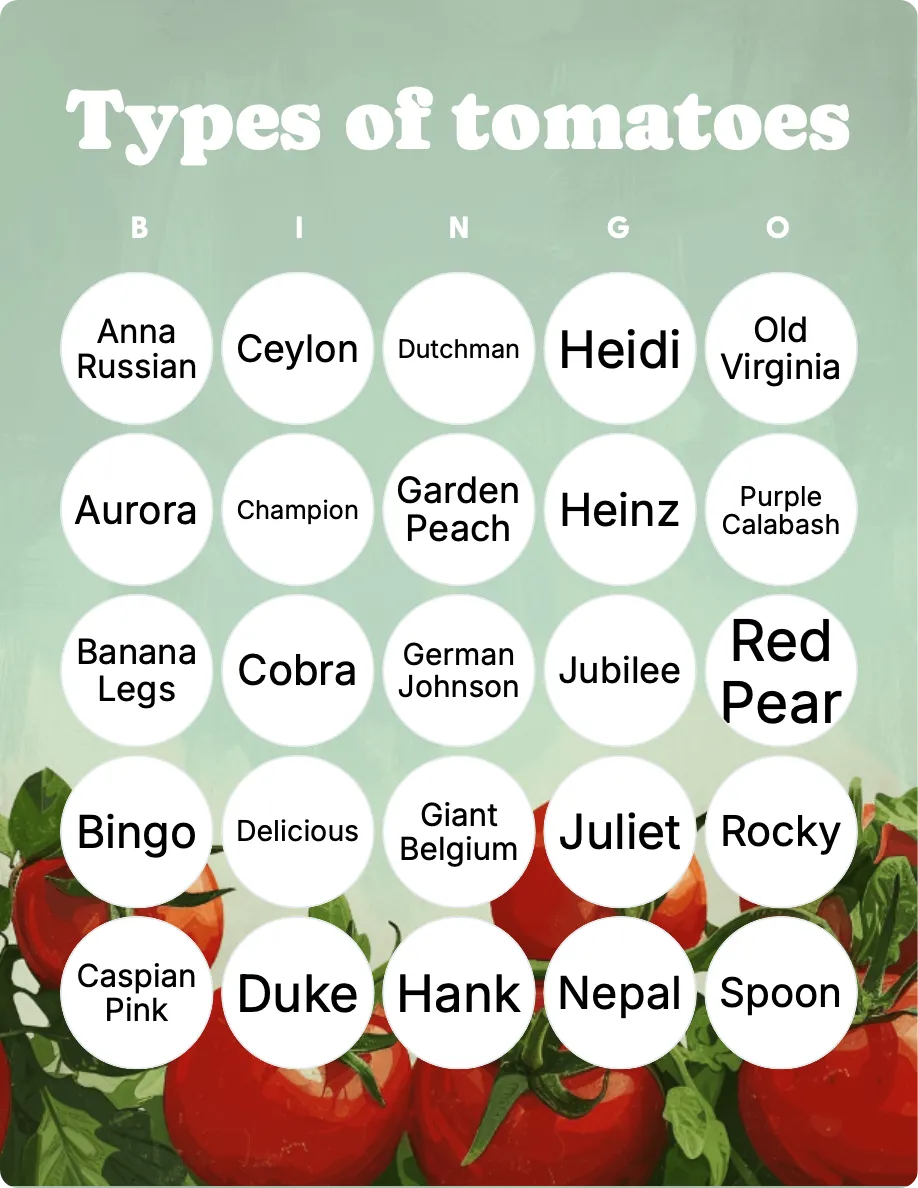 Types of tomatoes bingo card template