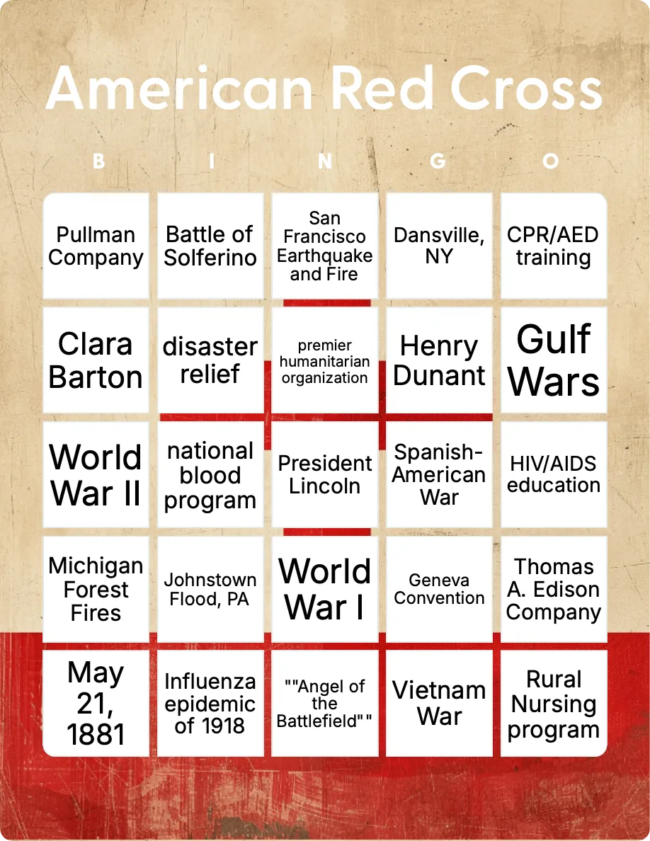 American Red Cross bingo card template