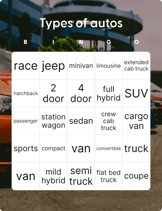 Types of vehicles bingo