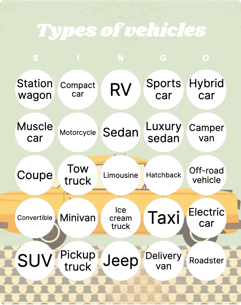 Types of vehicles bingo card template