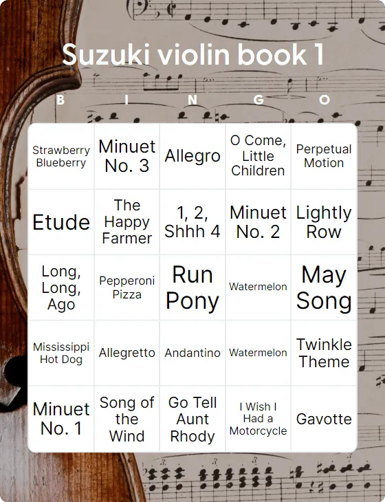 Suzuki violin book 1 bingo card template