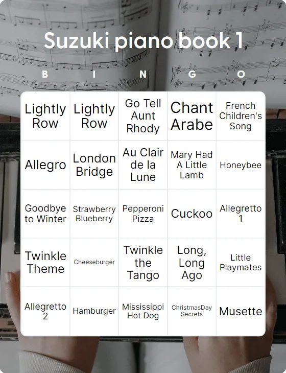 Suzuki piano book 1 bingo card template