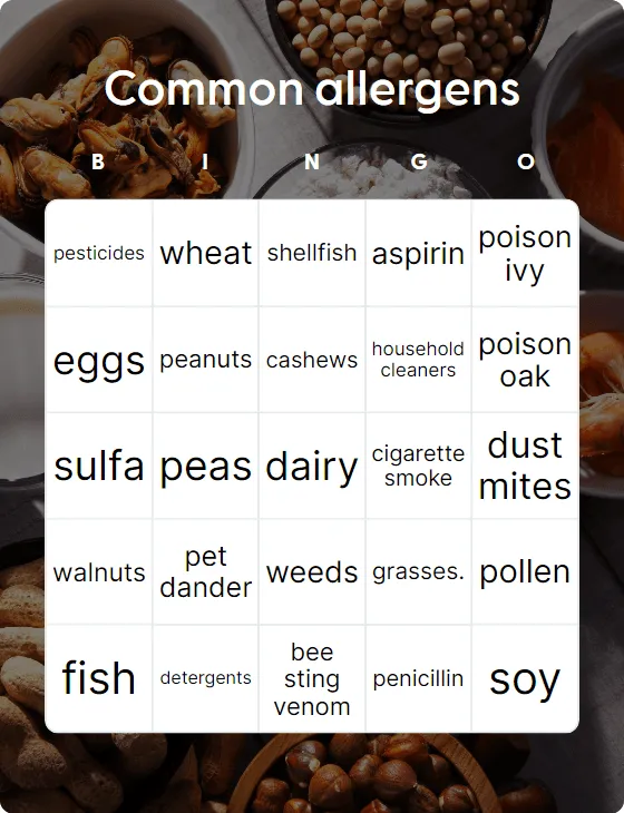 Common allergens bingo
