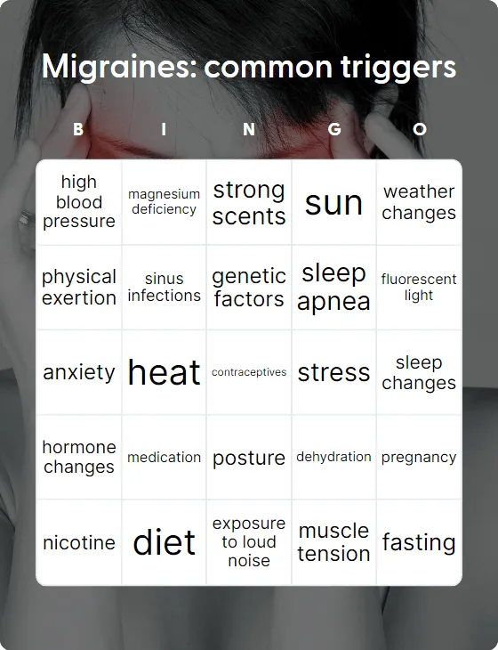 Migraines: common triggers bingo card template