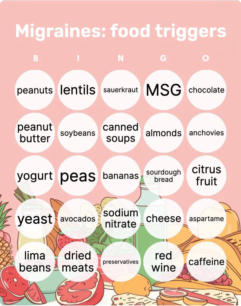 Migraines: food triggers bingo card template