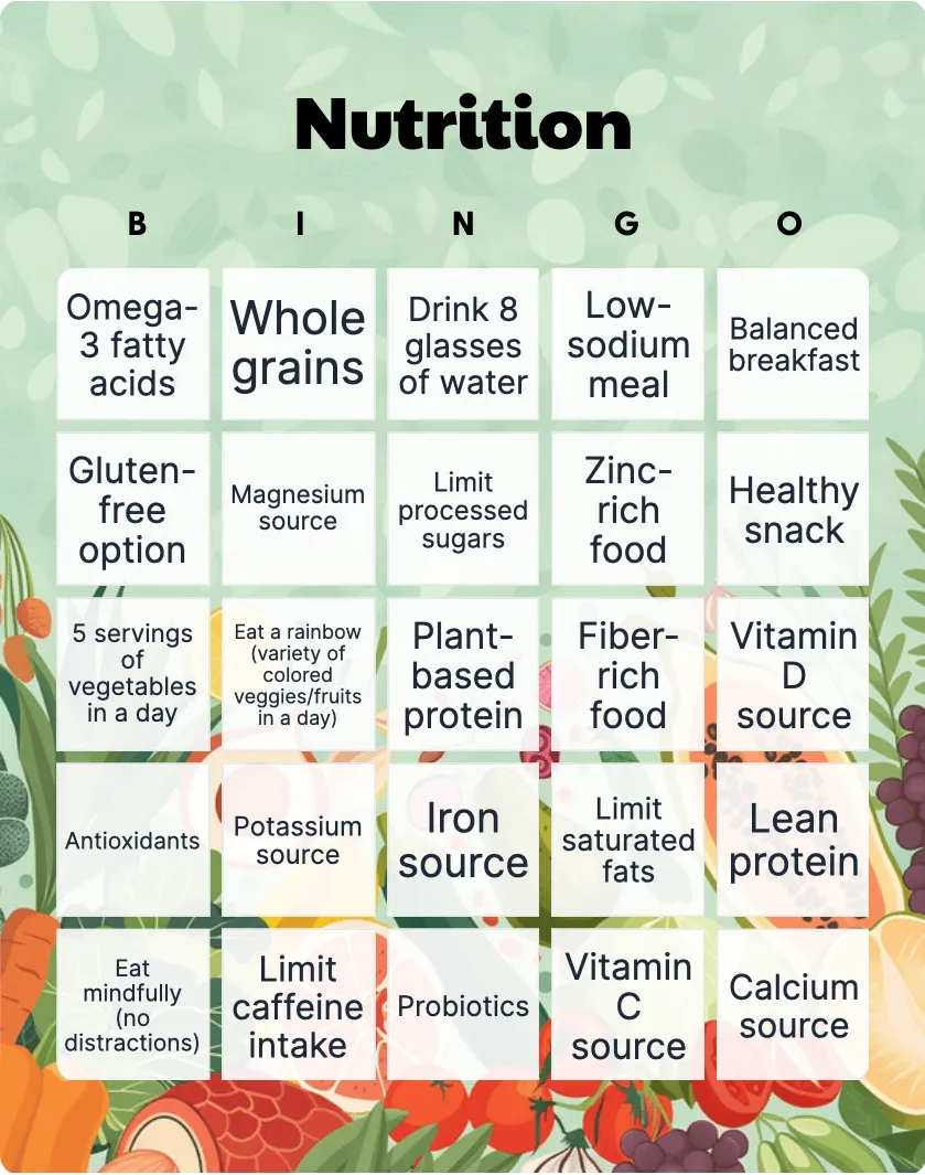 Nutrition bingo card template