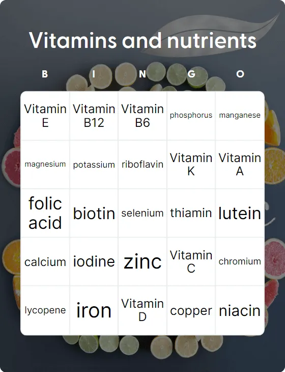 Vitamins and nutrients bingo