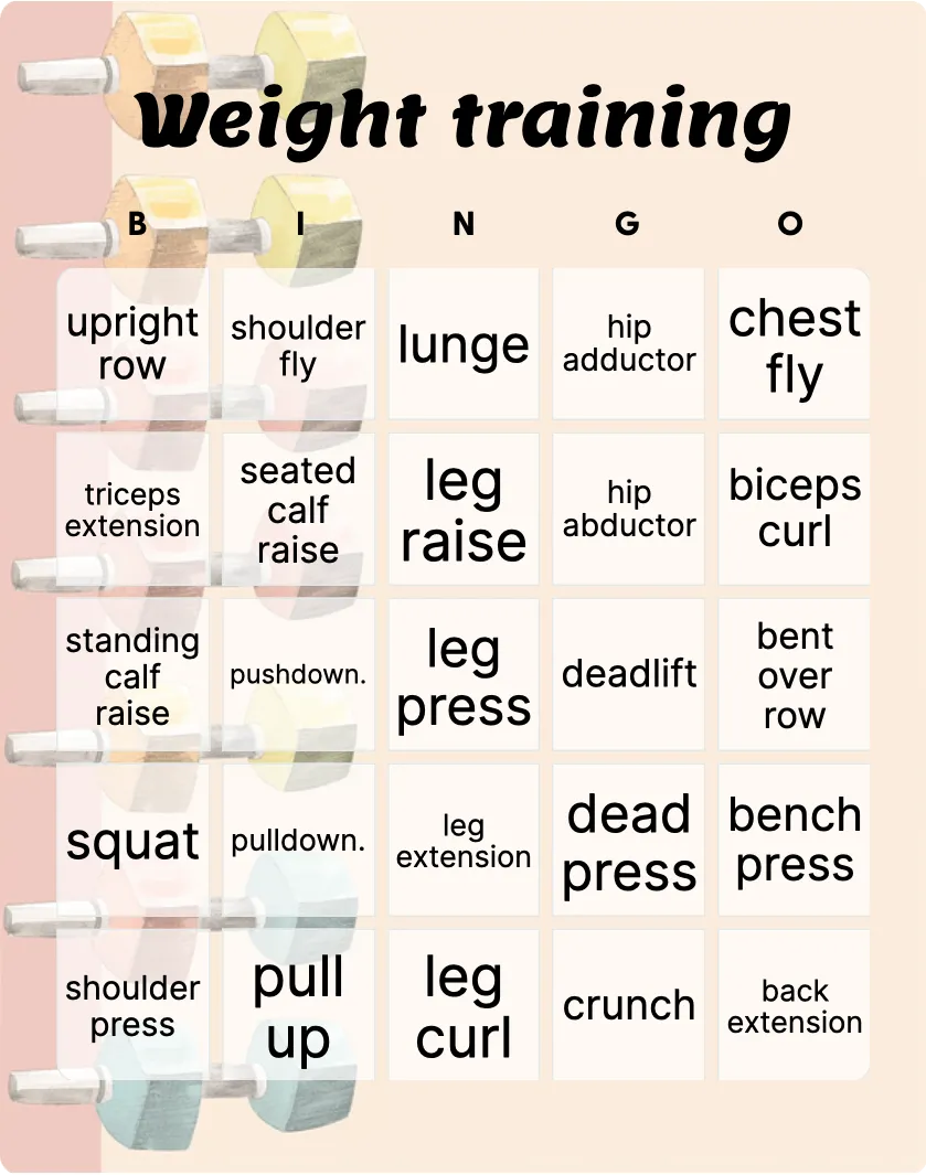 Weight training bingo card template