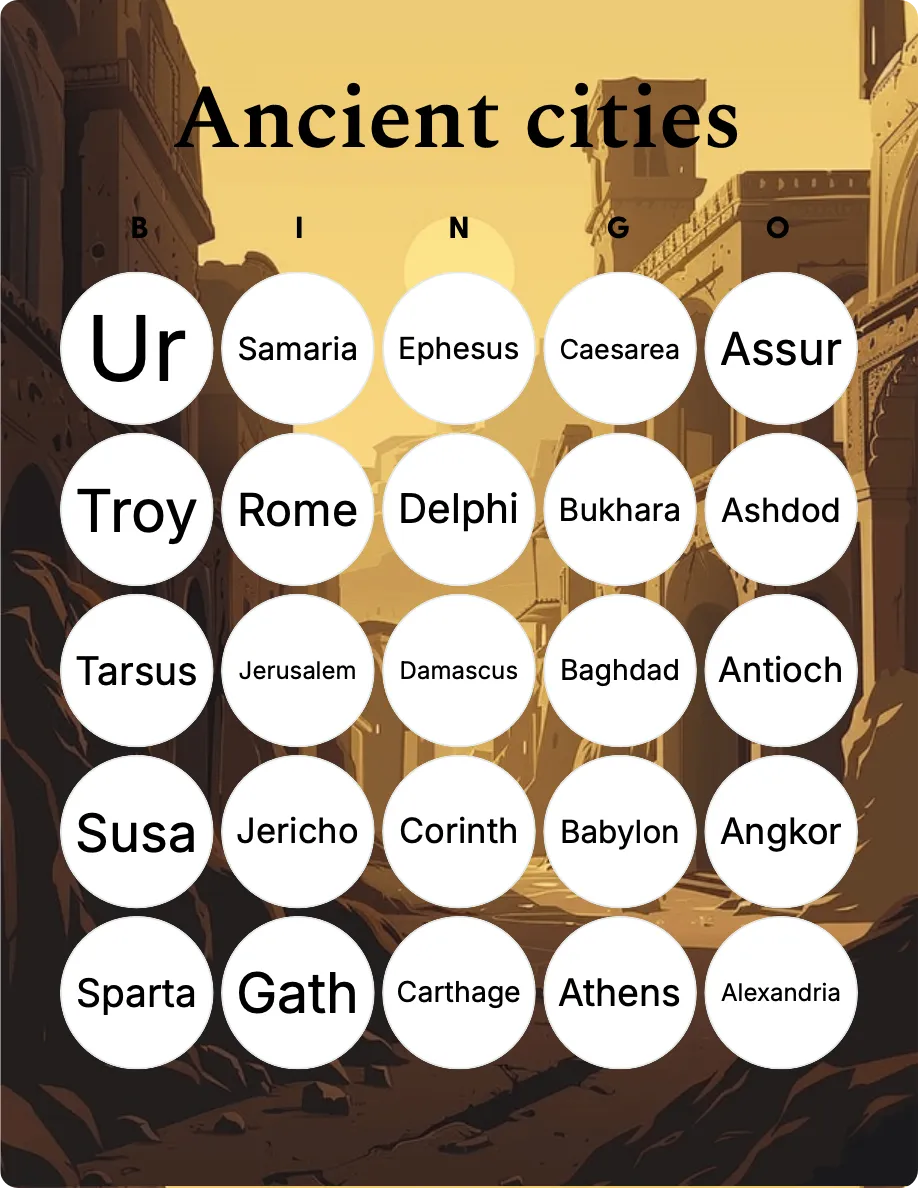 Ancient cities bingo card template