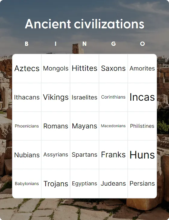 Ancient civilizations bingo card template