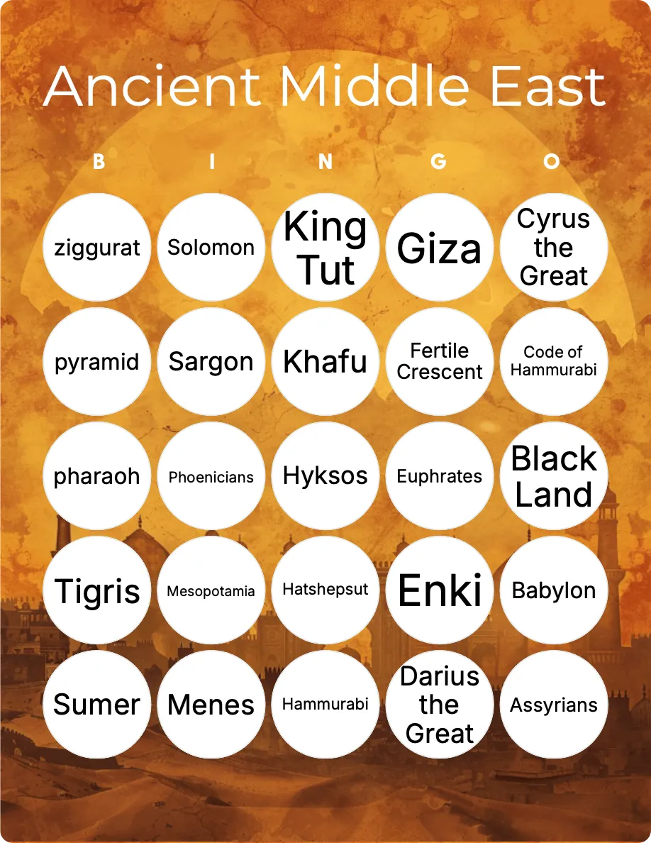 Ancient Middle East bingo card template