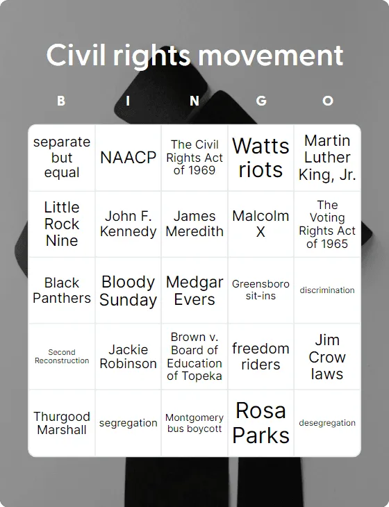 Civil rights movement bingo card template